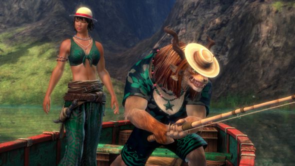 Eine Menschenfrau und ein Charr angeln auf einem Boot. Beide tragen einen Strohhut. Der Hut der Frau ist oben rund und mit einem roten Band umrandet. Der Hut des Charr ist flach und wird von einem braunen Stück Seil umrandet.