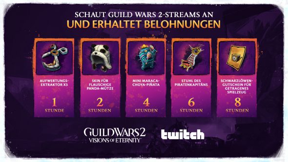 Eine Grafik, die die Gegenstände des neuen Twitch Drop präsentiert, beispielsweise Skin für Flauschige Panda-Mütze, Mini Maraca-Choya-Piñata und Stuhl des Piratenkapitäns.