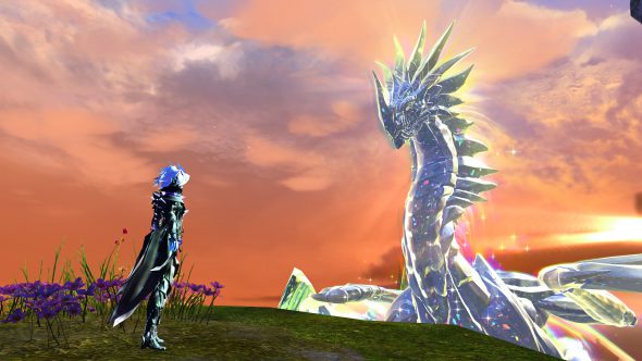 Der Drache Aurene in all seiner Pracht. Er ist weiß, majestätisch und schimmert wie ein Kristall.