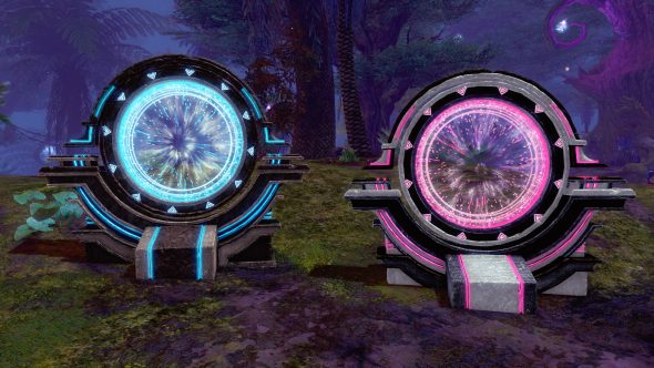 Zwei runde Portale stehen nebeneinander. Beide sind durchdrungen von Magie und Technologie. Die Tür zur Linken ist blau und schwarz, die zur Rechten rosa und grau.
