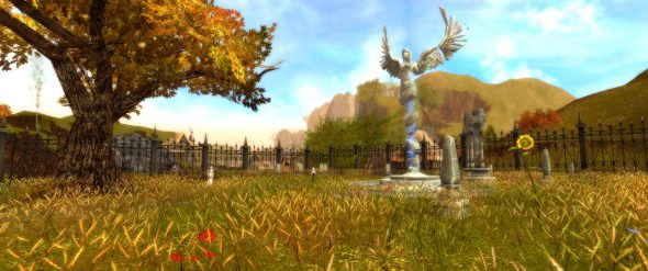 Die Aschfurt-Abtei ist ein wunderschöner, friedlicher Ort. Eine Dwayna-Statue steht in einem malerischen Innenhof bei einem Baum mit gelben Blättern. Sie stellt einen Engel mit ausgebreiteten Flügeln dar.