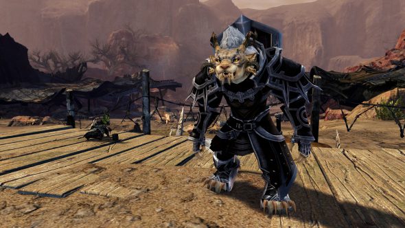 Almorra Seelenhüter, eine kampfbereite Charr in schwerer Rüstung.