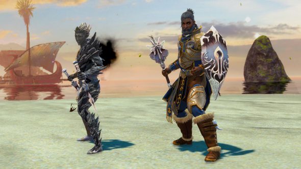 Zwei Charaktere führen Waffen des Kalligraphen. Der Sylvari links trägt zwei Dolche, der Mensch rechts einen Streitkolben mit Schild. Diese Waffen ähneln Füllfederhaltern und sind umgeben von Tinteneffekten.