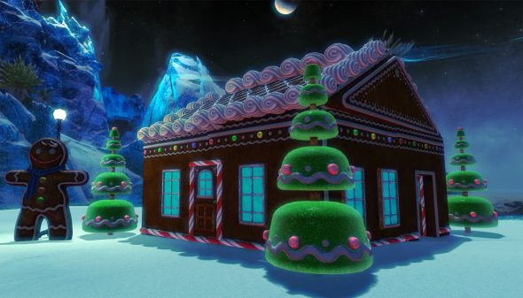 Ein allerliebstes Lebkuchenhaus, verziert mit farbenfrohen Zuckerakzenten, umgeben von gestaffelten grünen Gummibonbonbäumen und einem Lebkuchenmann, inmitten einer Schneelandschaft unter einem Nachthimmel.