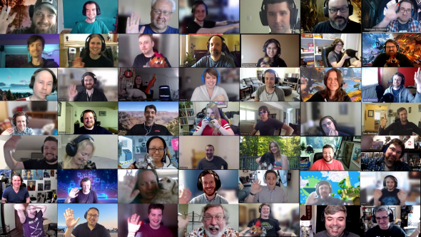 Some ArenaNet studio employees saying hello over a video call from home.