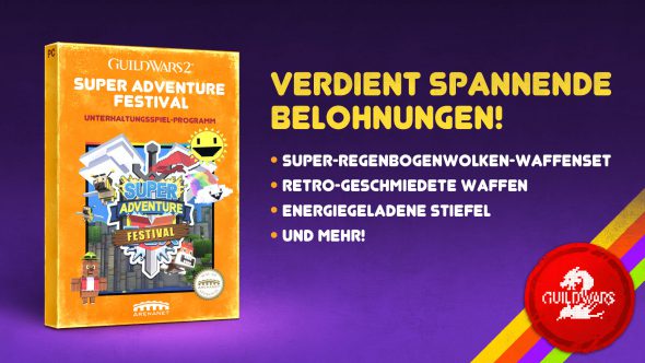 Ein Werbebild für das Super Adventure Festival mit dem 8-bit-Logo auf einer Oldschool-Videospiel-Verpackung.