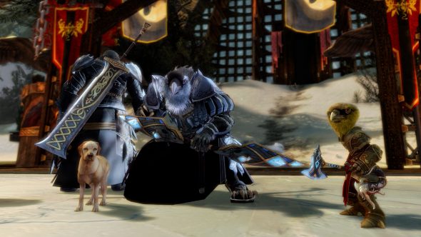 Guild Wars 2-Charaktere mit neuen Waffenbelohnungen aus den Waffensammlungen „Geweihter Rabe“ und „Ungekrönte Legende“.