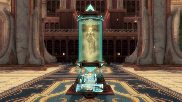 Ein Guild Wars 2-Charakter schwebt in einem mit Flüssigkeit gefüllten Tank. Der Tank levitiert über einem Steuerpult mit zahlreichen Steuergeräten und holografischen Bildschirmen.
