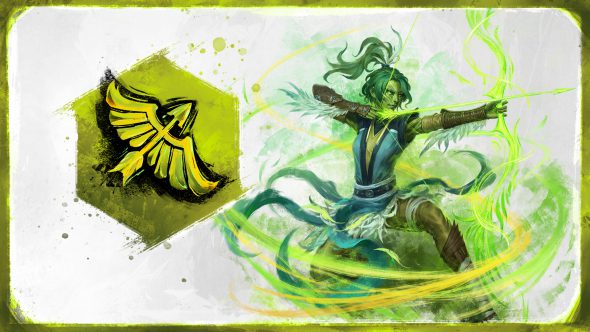 Eine Sylvari kniet, während sie mit einem Bogen nach rechts zielt. Der Bogen ist magisch und aus Federn und Büscheln hergestellt. Grüne Zauberenergie umgibt sie.