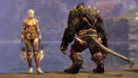 Eine Menschenfrau steht links, ein Charr steht rechts mit abgewandtem Blick. Beide tragen die neuen Explosiven Turbo-Beinschienen, Metallstiefel mit dampfenden Auspuffrohren.