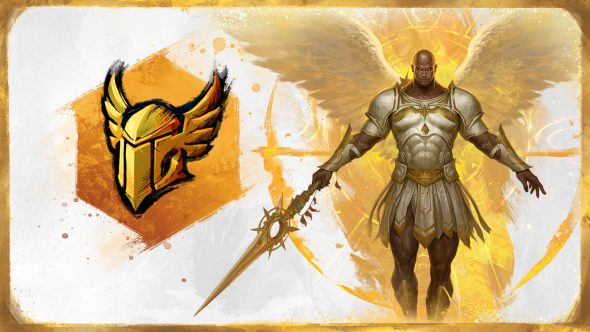Ein Norn in schwerer weiß-goldener Rüstung mit einem goldenen Speer. Aus seinem Rücken wachsen weiße Engelsflügel.