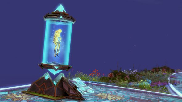 Ein Guild Wars 2-Charakter schwebt in einem mit Flüssigkeit gefüllten Tank. Der Tank levitiert über einem Steuerpult mit zahlreichen Steuergeräten und holografischen Bildschirmen.