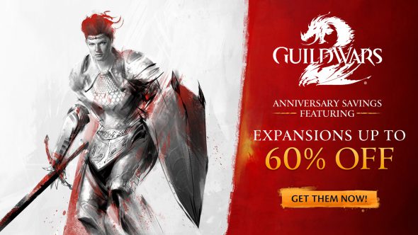 A promotional image for the anniversary sale depicting an armored female norn with a sword and shield.