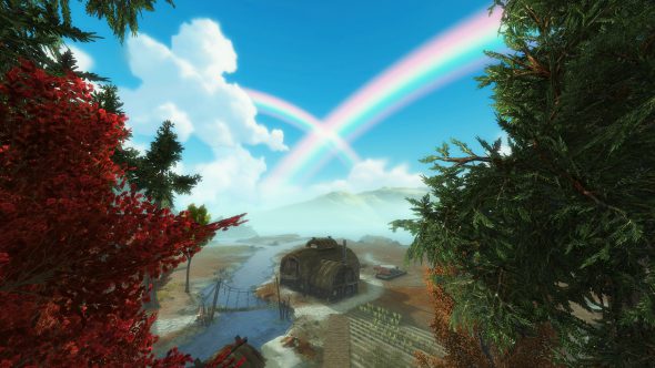 Durch die Baumkronen sieht man eine Heimstatt-Hütte in der Ferne. Der Himmel ist voller flauschiger Wolken und bunter Regenbogen.