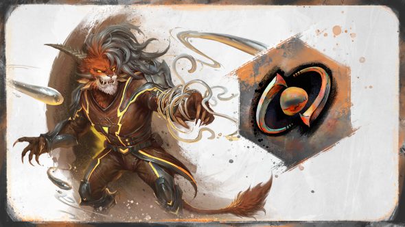 Ein Charr-Amalgam mit wild wehendem, silbernem Haar schleudert Quecksilberschimmel aus seiner ausgestreckten Klaue.