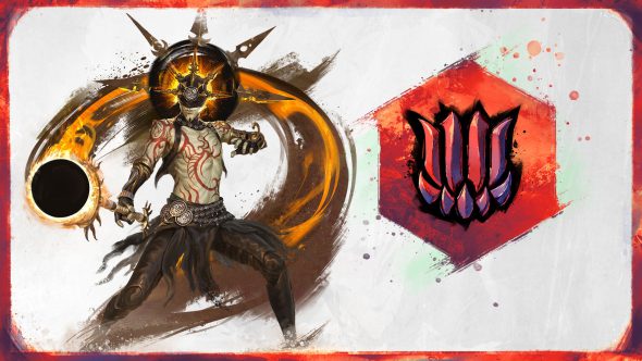 Ein Sylvari-Medium steht vor orange-schwarzer Magie, die hinter ihm wirbelt. Eine schwarze Energiekugel, aus der fünf Klingen ragen, schwebt hinter seinem Kopf.