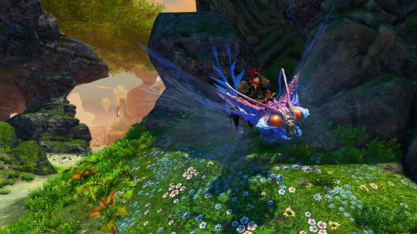 Die neuen Skins für Schweberochen-Reittier in Visions of Eternity erinnern an gewaltige Libellen. Sie haben gewaltige rote Augen und zwei Paar rasend schnell schlagende Flügel. Ihre Körper sind in verschiedenen Lila- und Blautönen gehalten.