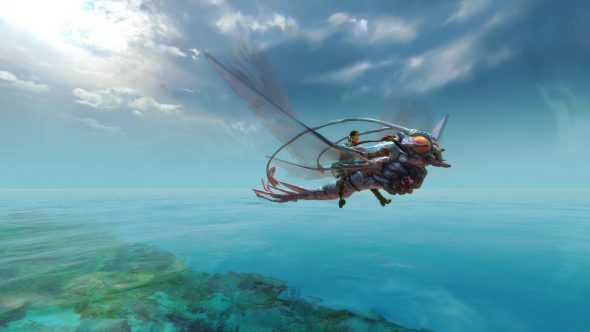 Die neuen Skins für Schweberochen-Reittier in Visions of Eternity erinnern an gewaltige Libellen. Sie haben gewaltige rote Augen und zwei Paar rasend schnell schlagende Flügel. Ihre Körper sind in verschiedenen Lila- und Blautönen gehalten.