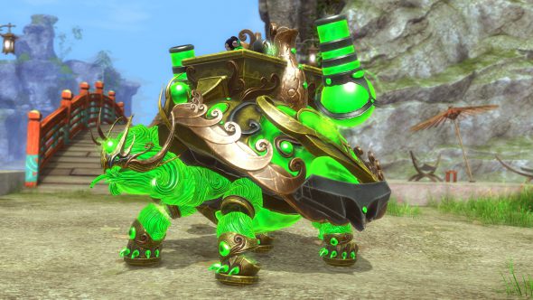 An enormous siege turtle glows green and is armored in gold. On top of its shell is a massive carriage to hold its rider and two green cannons.