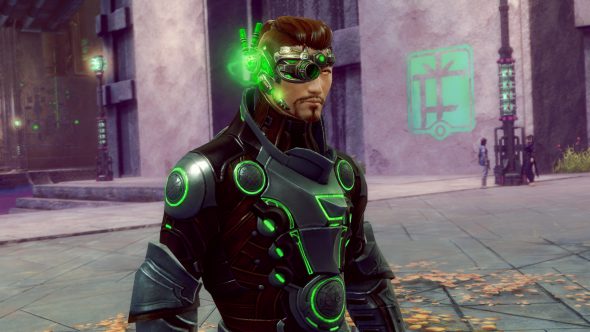 A male human with brown hair and a goatee wears black and green power armor. Over his right eye and ear is a jade tech visor which glows green and forms a scope over his eye.