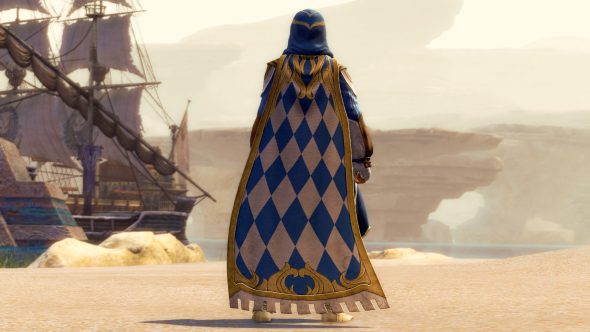 A knight faces away standing on a beach with a ship sailing by in the background. The knight is wearing a long checkered blue and white cape with gold trim. They wear a blue and gold hood on their head as well.