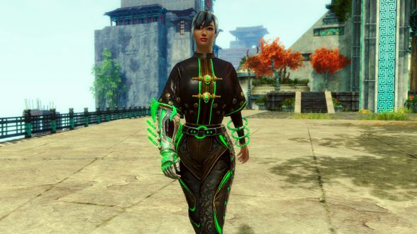 A female human walks on a Canthan street. Her right arm is a prosthesis gauntlet powered by green jade tech. On her left arm are a series of floating green rings.