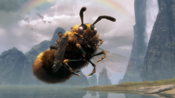 Eine Menschenfrau reitet auf dem „Flauschige Biene“-Schweberochen