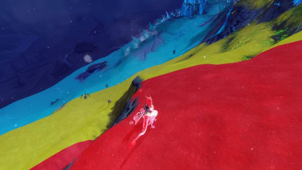 An overhead shot of a character on a skyscale mount. The terrain is covered in a color gradient with red being a larger area around the character, yellow in the middle, and a large blue section in the distance.
