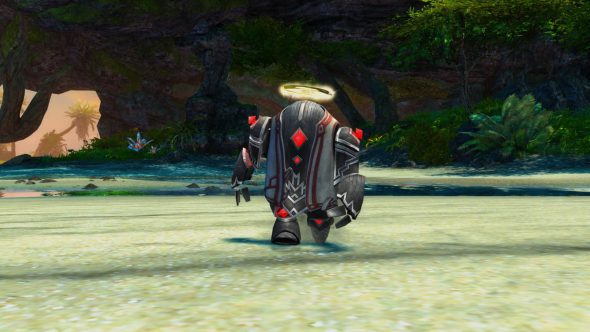 Ein Miniaturgolem des Charakters Blish geht nach vorne. Er ist grau und mit roten Edelsteinen besetzt, und über seinem Kopf leuchtet ein goldener Heiligenschein.