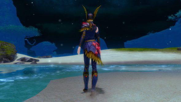 Eine Menschenfrau blickt weg vom Betrachter; man sieht die Rückseite der Gefiederten Inquestur-Rüstung.