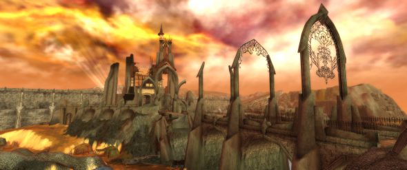 Die Ruinen der Stadt Ascalon mit gewaltigen Steinbögen und einem flammend orangefarbenen Himmel im Hintergrund.