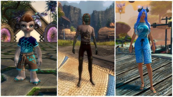 Drei Charaktere tragen neue T-Shirts. Der Asura links trägt ein Shirt mit einem Muster aus Hellblau und Dunkelblau. Der Sylvari in der Mitte trägt ein braunes Shirt mit einem Berg. Der Mensch rechts trägt ein blaues Shirt mit einer Meereswelle.