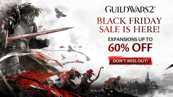 Guild Wars 2 Black Friday sale banner showing expansions up to 60% off with characters from the game in black, white, and red.