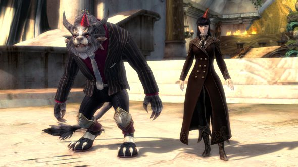 Ein Charr und eine Menschenfrau tragen dunkle formelle Kleidung. Auf ihren Köpfen tragen sie kegelförmige Partyhüte, die einen humorvollen Kontrast zu ihren griesgrämigen Gesichtern und ihrer nüchternen Kleidung darstellen.