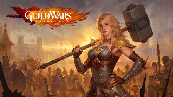 Eine Kriegerin mit blondem Haar trägt einen gewaltigen Hammer über ihrer Schulter. Hinter ihr stehen eine Armee sowie einige berühmte Charaktere aus Guild Wars.