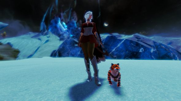 A character with white hair and her mini plush tiger.