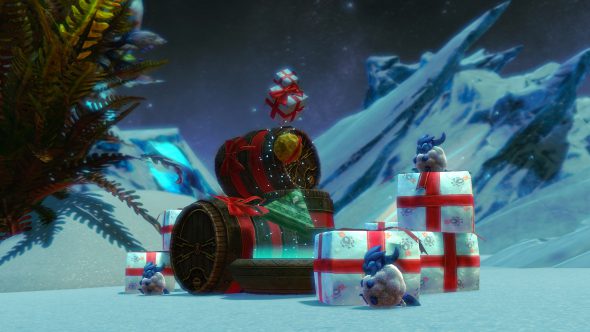 A festive scene in a snowy landscape featuring new homestead decorations for Wintersday.