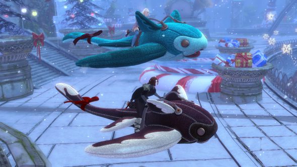 Zwei Charaktere reiten auf Schweberochen mit Plüsch-Skins, die aussehen wie riesige Kuscheltiere.