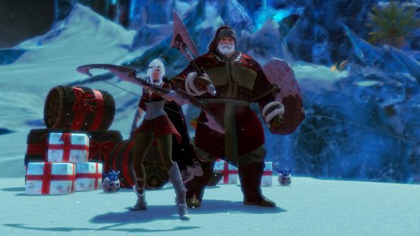 Two festive characters wielding new Sugardrift weapons.