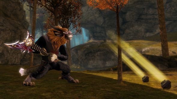 Ein Charr mit einer elektrischen Gitarren-Axt holt aus, um einen Baum zu treffen.