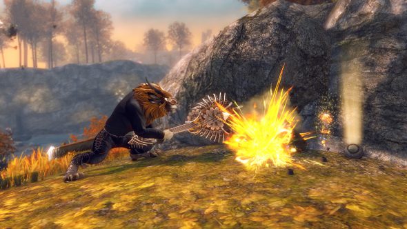 Ein Charr schlägt mit einer elektrischen Gitarre nach einem Abbauknoten, der daraufhin explodiert.